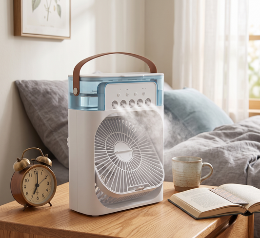 Ventilateur Rafraîchisseur Brumisateur 3-en-1 — Fraîcheur Immédiate, Silencieux & Veilleuse LED