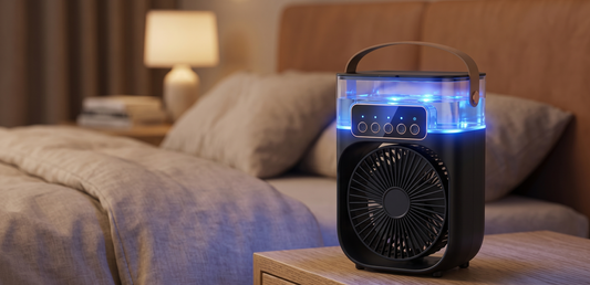 Ventilateur Rafraîchisseur Brumisateur 3-en-1 — Fraîcheur Immédiate, Silencieux & Veilleuse LED